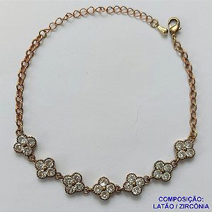 PULSEIRA NO BRUTO PRONTO PARA O BANHO(CX68)-  PULSEIRA COM 7 PINGENTES TIPO VAN CLEEF TODO EM ZIRCÔNIA - TAMANHO 18CM COM EXTENSOR E FECHO LAGOSTA - COMPOSIÇÃO: LATÃO / ZIRCÔNIA - PESO 8,5GR - BRU10234