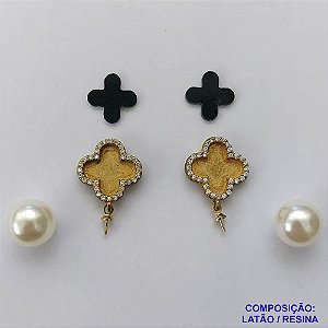 BRINCO NO BRUTO PRONTO PARA O BANHO - KIT BRINCO DE PINO TIPO VAN CLEEF PRETA CRAVEJADO EM MICROS ZIRCÔNIAS PARA COLAGEM (BRINCOS, TREVOS E PÉROLAS) - TAMANHO TREVO 12MM - (NÃO ACOMPANHA COLA) - PESO TOTAL DO PAR 4,2GR - BRU10254