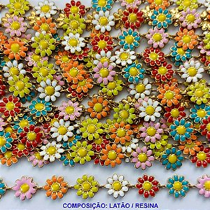 CORRENTE NO BRUTO PRONTO PARA O BANHO(CX34) - CORRENTE COM FLORES COLORIDAS - LARGURA: 8MM - COMPOSIÇÃO: LATÃO/RESINA - CORRENTE VENDIDA POR METRO - BRU000894A