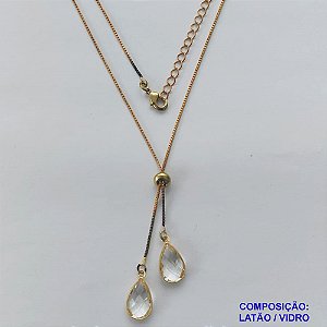 GARGANTILHA NO BRUTO PRONTO PARA O BANHO - COM CORRENTE VENEZIANA DE 45CM + EXTENSOR - " TIPO GRAVATINHA " AJUSTÁVEL - COM DOIS PINGENTES GOTA EM VIDRO CRISTAL 14MM - PESO TOTAL 3,5GR - BRU10292