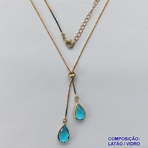 GARGANTILHA NO BRUTO PRONTO PARA O BANHO - COM CORRENTE VENEZIANA DE 45CM + EXTENSOR - " TIPO GRAVATINHA " AJUSTÁVEL - COM DOIS PINGENTES GOTA EM VIDRO AZUL 14MM - PESO TOTAL 3,5GR - BRU10293
