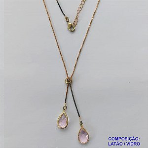 GARGANTILHA NO BRUTO PRONTO PARA O BANHO - COM CORRENTE VENEZIANA DE 45CM + EXTENSOR - " TIPO GRAVATINHA " AJUSTÁVEL - COM DOIS PINGENTES GOTA EM VIDRO ROSA 14MM - PESO TOTAL 3,5GR - BRU10294