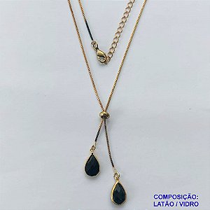 GARGANTILHA NO BRUTO PRONTO PARA O BANHO - COM CORRENTE VENEZIANA DE 45CM + EXTENSOR - " TIPO GRAVATINHA " AJUSTÁVEL - COM DOIS PINGENTES GOTA EM VIDRO PRETO 14MM - PESO TOTAL 3,5GR - BRU10295