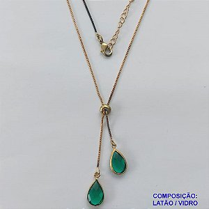 GARGANTILHA NO BRUTO PRONTO PARA O BANHO - COM CORRENTE VENEZIANA DE 45CM + EXTENSOR - " TIPO GRAVATINHA " AJUSTÁVEL - COM DOIS PINGENTES GOTA EM VIDRO VERDE 14MM - PESO TOTAL 3,5GR - BRU10296