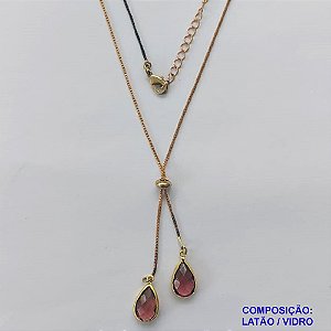 GARGANTILHA NO BRUTO PRONTO PARA O BANHO - COM CORRENTE VENEZIANA DE 45CM + EXTENSOR - " TIPO GRAVATINHA " AJUSTÁVEL - COM DOIS PINGENTES GOTA EM VIDRO ROXO 14MM - PESO TOTAL 3,5GR - BRU10297