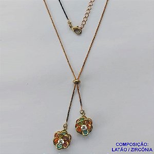 GARGANTILHA NO BRUTO PRONTO PARA O BANHO - COM CORRENTE VENEZIANA DE 45CM + EXTENSOR - " TIPO GRAVATINHA " AJUSTÁVEL - COM DOIS PINGENTES FLOR COM PEDRAS EM ZIRCÔNIAS COLORIDAS 12MM - PESO TOTAL 4,8GR - BRU10304
