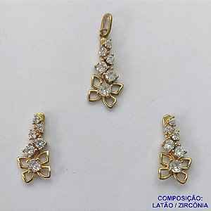 CONJUNTO NO BRUTO PRONTO PARA O BANHO (CX26)- CONJUNTO SEM CORRENTE (CX001875) - (PINGENTE E BRINCOS) PINGENTE FLOR 10X21MM CRAVEJADO EM MICRO ZIRCÔNIAS - PESO TOTAL 2,9GR -  BRU10313