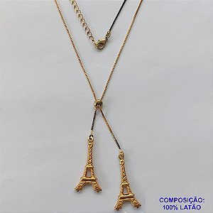GARGANTILHA NO BRUTO PRONTO PARA O BANHO - COM CORRENTE VENEZIANA DE 45CM + EXTENSOR - " TIPO GRAVATINHA " AJUSTÁVEL - COM DOIS PINGENTES TORRE EIFFEL 15X32MM (E1166) - PESO TOTAL 4GR - BRU10319