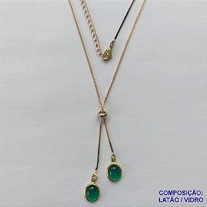 GARGANTILHA NO BRUTO PRONTO PARA O BANHO - COM CORRENTE VENEZIANA DE 45CM + EXTENSOR - " TIPO GRAVATINHA " AJUSTÁVEL - COM DOIS PINGENTES GOTAS VIDROS VERDES 8X12MM - PESO TOTAL 3,1GR - BRU10336