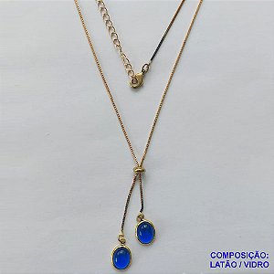 GARGANTILHA NO BRUTO PRONTO PARA O BANHO - COM CORRENTE VENEZIANA DE 45CM + EXTENSOR - " TIPO GRAVATINHA " AJUSTÁVEL - COM DOIS PINGENTES GOTAS VIDROS AZUIS 8X12MM - PESO TOTAL 3,1GR - BRU10337