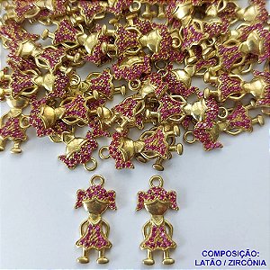 PINGENTE NO BRUTO PRONTO PARA O BANHO (CX09) - PINGENTE MENINA CRAVEJADA COM MICRO ZIRCONIAS ROSAS - TAMANHO 8X13MM - PESO TOTAL 0,7GR - BRU0001868