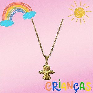 GARGANTILHA NO BRUTO PRONTO PARA O BANHO - GARGANTILHA INFANTIL CORRENTE CADEADO 35CM + EXTENSOR  - PINGENTE ANJINHO 12X12MM - COMPOSIÇÃO: 100% LATÃO - PESO TOTAL: 1,6GR - BRU10352