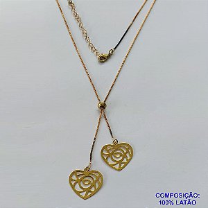 GARGANTILHA NO BRUTO PRONTO PARA O BANHO - COM CORRENTE VENEZIANA DE 45CM + EXTENSOR - " TIPO GRAVATINHA " AJUSTÁVEL - COM DOIS PINGENTES CORAÇÃO DETALHES VAZADOS 16MM - PESO TOTAL 3,1GR - BRU10358