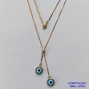 GARGANTILHA NO BRUTO PRONTO PARA O BANHO - COM CORRENTE VENEZIANA DE 45CM + EXTENSOR - " TIPO GRAVATINHA " AJUSTÁVEL - COM DOIS PINGENTES OLHOS GREGOS 9MM - PESO TOTAL 3GR - BRU10360