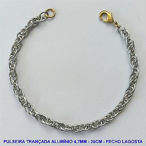 PULSEIRA EM ALUMÍNIO NO BRUTO PRONTO PARA O BANHO - PULSEIRA EM ALÚMINIO TRANÇADO (A22) - TAMANHO 25CM - LARGURA 4,7MM - FECHO LAGOSTA - PESO 3,4GR - COMPOSIÇÃO: ALUMÍNIO - BRU10366