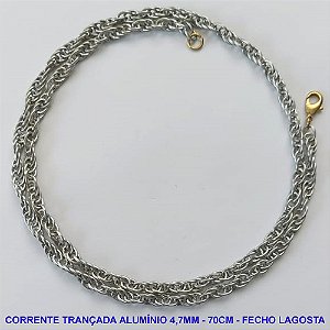 CORRENTE EM ALUMÍNIO NO BRUTO PRONTO PARA O BANHO - CORRENTE EM ALÚMINIO TRANÇADO (A22) - TAMANHO 70CM - LARGURA 4,7MM - FECHO LAGOSTA - PESO 8,7GR - COMPOSIÇÃO: ALUMÍNIO - BRU10368