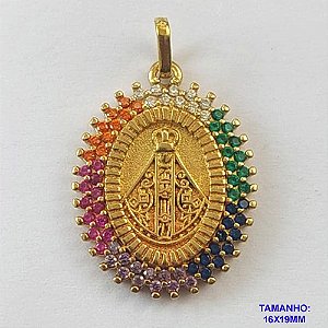 PINGENTE NO BRUTO PRONTO PARA O BANHO (CX22) - PINGENTE NOSSA SRA APARECIDA CRAVEJADA EM MICROS ZIRCÔNIAS COLORIDAS 16X19MM (PX000476) - COMPOSIÇÃO: LATÃO / ZIRCÔNIA  - PESO TOTAL 2,3GR - BRU10380