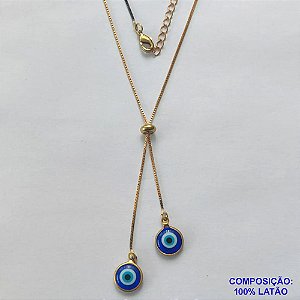 GARGANTILHA NO BRUTO PRONTO PARA O BANHO - COM CORRENTE VENEZIANA DE 45CM + EXTENSOR - " TIPO GRAVATINHA " AJUSTÁVEL - COM DOIS PINGENTES DE OLHOS GREGOS - PESO TOTAL 3GR - BRU10424