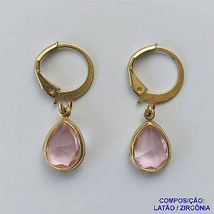BRINCO NO BRUTO PRONTO BANHO - BRINCO COM PINGENTE EM ZIRCÔNIA ROSA 7X9MM - ARGOLINHA DE PRESSÃO (TRANQUETA) - PESO TOTAL 1,8GR - BRU10441