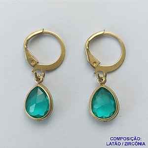 BRINCO NO BRUTO PRONTO BANHO - BRINCO COM PINGENTE EM ZIRCÔNIA VERDE 7X9MM - ARGOLINHA DE PRESSÃO (TRANQUETA) - PESO TOTAL 1,8GR - BRU10442