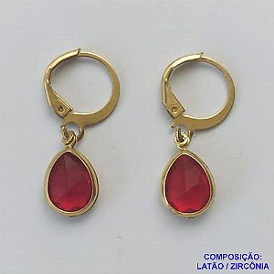 BRINCO NO BRUTO PRONTO BANHO - BRINCO COM PINGENTE EM ZIRCÔNIA VERMELHO 7X9MM - ARGOLINHA DE PRESSÃO (TRANQUETA) - PESO TOTAL 1,8GR - BRU10443