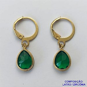 BRINCO NO BRUTO PRONTO BANHO - BRINCO COM PINGENTE EM ZIRCÔNIA VERDE ESCURO 7X9MM - ARGOLINHA DE PRESSÃO (TRANQUETA) - PESO TOTAL 1,8GR - BRU10445