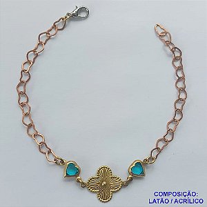 PULSEIRA NO BRUTO PRONTO PARA O BANHO(CX66) - PULSEIRA TIPO VAN CLEEF 11MM COM 2 PINGENTES CORAÇÕES AZUIS - TAMANHO 18CM + EXTENSOR E FECHO LAGOSTA - COMPOSIÇÃO: LATÃO - PESO 2,3GR - BRU10472