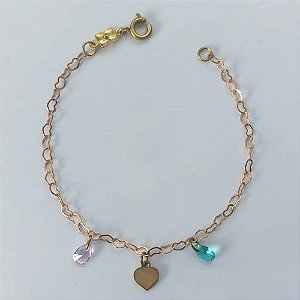PULSEIRA NO BRUTO PRONTO PARA O BANHO(CX66) - PULSEIRA INFANTIL COM PINGENTES PEDRAS COLORIDAS E CORAÇÃO - TAMANHO 15CM - PESO 1GR - FECHO REDONDO - BRU10475