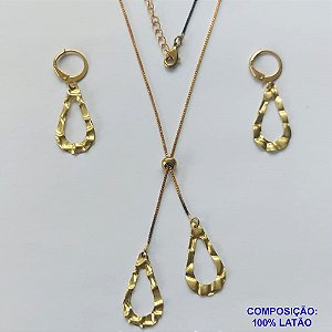 CONJUNTO NO BRUTO PRONTO PARA O BANHO - COM CORRENTE VENEZIANA DE 45CM + EXTENSOR - " TIPO GRAVATINHA " AJUSTÁVEL - PINGENTES GOTA VAZADA MARTELADA (E3192) 13X24MM - BRINCOS ARGOLINHAS DE PRESSÃO - PESO TOTAL 5GR - BRU10493