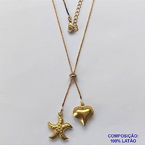 GARGANTILHA NO BRUTO PRONTO PARA O BANHO - COM CORRENTE VENEZIANA DE 45CM + EXTENSOR - " TIPO GRAVATINHA " AJUSTÁVEL - COM DOIS PINGENTES CORAÇÃO E ESTRELA DO MAR - PESO TOTAL 3,7GR - BRU10494