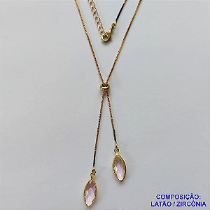 GARGANTILHA NO BRUTO PRONTO PARA O BANHO - COM CORRENTE VENEZIANA DE 45CM + EXTENSOR - " TIPO GRAVATINHA " AJUSTÁVEL - COM DOIS PINGENTES EM VIDROS ROSAS 6X14MM - PESO TOTAL 3,4GR - BRU10512