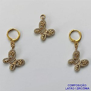 CONJUNTO NO BRUTO PRONTO PARA O BANHO (CX25) - ARGOLINHA DE PRESSÃO TRANQUETA - (PINGENTE E BRINCO) EM ALTA FUSÃO - BORBOLETA CRAVEJADA EM MICROS ZIRCÔNIAS 16MM - PESO TOTAL 4,7GR  BRU10548