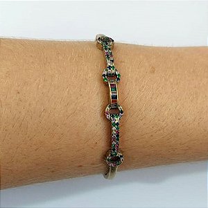 PULSEIRA (BRACELETE) NO BRUTO PRONTO PARA O BANHO - COM DETALHES VAZADOS E CRAVEJADA COM MICROS ZIRCÔNIAS COLORIDAS - PESO TOTAL 12,2GR - BRU10574