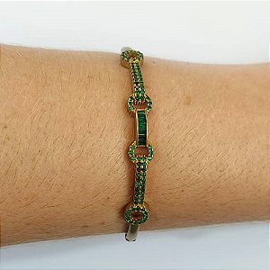 PULSEIRA (BRACELETE) NO BRUTO PRONTO PARA O BANHO - COM DETALHES VAZADOS E CRAVEJADA COM MICROS ZIRCÔNIAS VERDES - PESO TOTAL 12,2GR - BRU10575