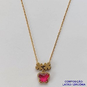 GARGANTILHA NO BRUTO PRONTO PARA O BANHO - COM CORRENTE CADEADO DE 45CM - PINGENTE TIPO VAN CLEEF ROSA 10MM - PESO TOTAL 3.7GR - BRU10591