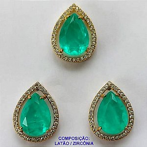 CONJUNTO NO BRUTO PRONTO PARA O BANHO - CONJUNTO SEM CORRENTE - (PINGENTE E BRINCOS) PINGENTE CRAVEJADO COM MICRO ZIRCÔNIAS E ZIRCÔNIA VERDE 14MM E BRINCO PINO COM MICRO ZIRCÔNIAS E ZIRCÔNIA VERDE 14MM- PESO TOTAL 8.0GR -  BRU10612