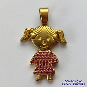PINGENTE NO BRUTO PRONTO PARA O BANHO (CX15) - PINGENTE MENINA MICRO ZIRCÔNIAS ROSA - COMPOSIÇÃO: LATÃO / ZIRCÔNIA - TAMANHO 16MM - PESO TOTAL 2.7GR -  BRU0001926