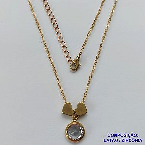 GARGANTILHA NO BRUTO PRONTO PARA O BANHO - COM CORRENTE CADEADO DE 45CM - PINGENTE ZIRCÔNIA CRISTAL 10MM E CORAÇÕES 7MM - PESO TOTAL 3.8GR - BRU10621