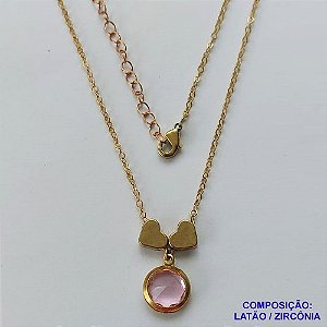 GARGANTILHA NO BRUTO PRONTO PARA O BANHO - COM CORRENTE CADEADO DE 45CM - PINGENTE ZIRCÔNIA ROSA 10MM E CORAÇÕES 7MM - PESO TOTAL 3.8GR - BRU10622