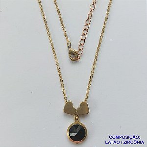 GARGANTILHA NO BRUTO PRONTO PARA O BANHO - COM CORRENTE CADEADO DE 45CM - PINGENTE ZIRCÔNIA PRETA 10MM E CORAÇÕES 7MM - PESO TOTAL 3.8GR - BRU10623