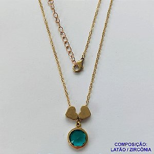 GARGANTILHA NO BRUTO PRONTO PARA O BANHO - COM CORRENTE CADEADO DE 45CM - PINGENTE ZIRCÔNIA VERDE 10MM E CORAÇÕES 7MM - PESO TOTAL 3.8GR - BRU10626