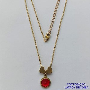 GARGANTILHA NO BRUTO PRONTO PARA O BANHO - COM CORRENTE CADEADO DE 45CM - PINGENTE ZIRCÔNIA VERMELHA 10MM E CORAÇÕES 7MM - PESO TOTAL 3.8GR - BRU10627