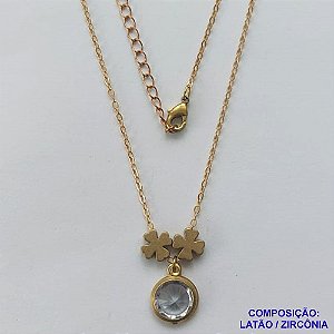 GARGANTILHA NO BRUTO PRONTO PARA O BANHO - COM CORRENTE CADEADO DE 45CM - PINGENTE ZIRCÔNIA CRISTAL 10MM E TREVOS 7MM - PESO TOTAL 4.0GR - BRU10640