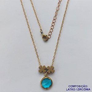 GARGANTILHA NO BRUTO PRONTO PARA O BANHO - COM CORRENTE CADEADO DE 45CM - PINGENTE ZIRCÔNIA AZUL 10MM E TREVOS 7MM - PESO TOTAL 4.0GR - BRU10641