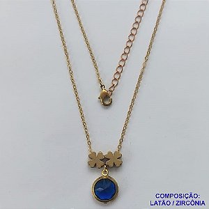 GARGANTILHA NO BRUTO PRONTO PARA O BANHO - COM CORRENTE CADEADO DE 45CM - PINGENTE ZIRCÔNIA AZUL 10MM E TREVOS 7MM - PESO TOTAL 4.0GR - BRU10643