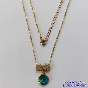GARGANTILHA NO BRUTO PRONTO PARA O BANHO - COM CORRENTE CADEADO DE 45CM - PINGENTE ZIRCÔNIA VERDE 10MM E TREVOS 7MM - PESO TOTAL 4.0GR - BRU10644