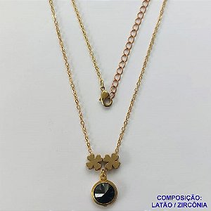 GARGANTILHA NO BRUTO PRONTO PARA O BANHO - COM CORRENTE CADEADO DE 45CM - PINGENTE ZIRCÔNIA PRETA 10MM E TREVOS 7MM - PESO TOTAL 4.0GR - BRU10646