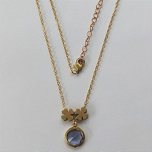 GARGANTILHA NO BRUTO PRONTO PARA O BANHO - COM CORRENTE CADEADO DE 45CM - PINGENTE ZIRCÔNIA LILÁS 10MM E TREVOS 7MM - PESO TOTAL 4.0GR - BRU10647