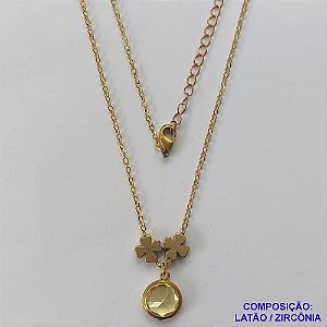 GARGANTILHA NO BRUTO PRONTO PARA O BANHO - COM CORRENTE CADEADO DE 45CM - PINGENTE ZIRCÔNIA AMARELA 10MM E TREVOS 7MM - PESO TOTAL 4.0GR - BRU10648