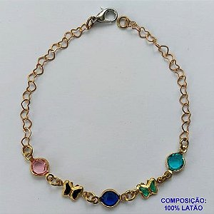 PULSEIRA NO BRUTO PRONTO PARA O BANHO(CX61) - PULSEIRA CORAÇÃO COM BORBOLETAS E PEDRAS CRISTAIS- TAMANHO 17CM + EXTENSOR - PESO 1.8GR - FECHO LAGOSTA - BRU10655